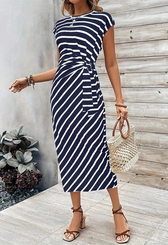 STRIPED MIDI DRESS